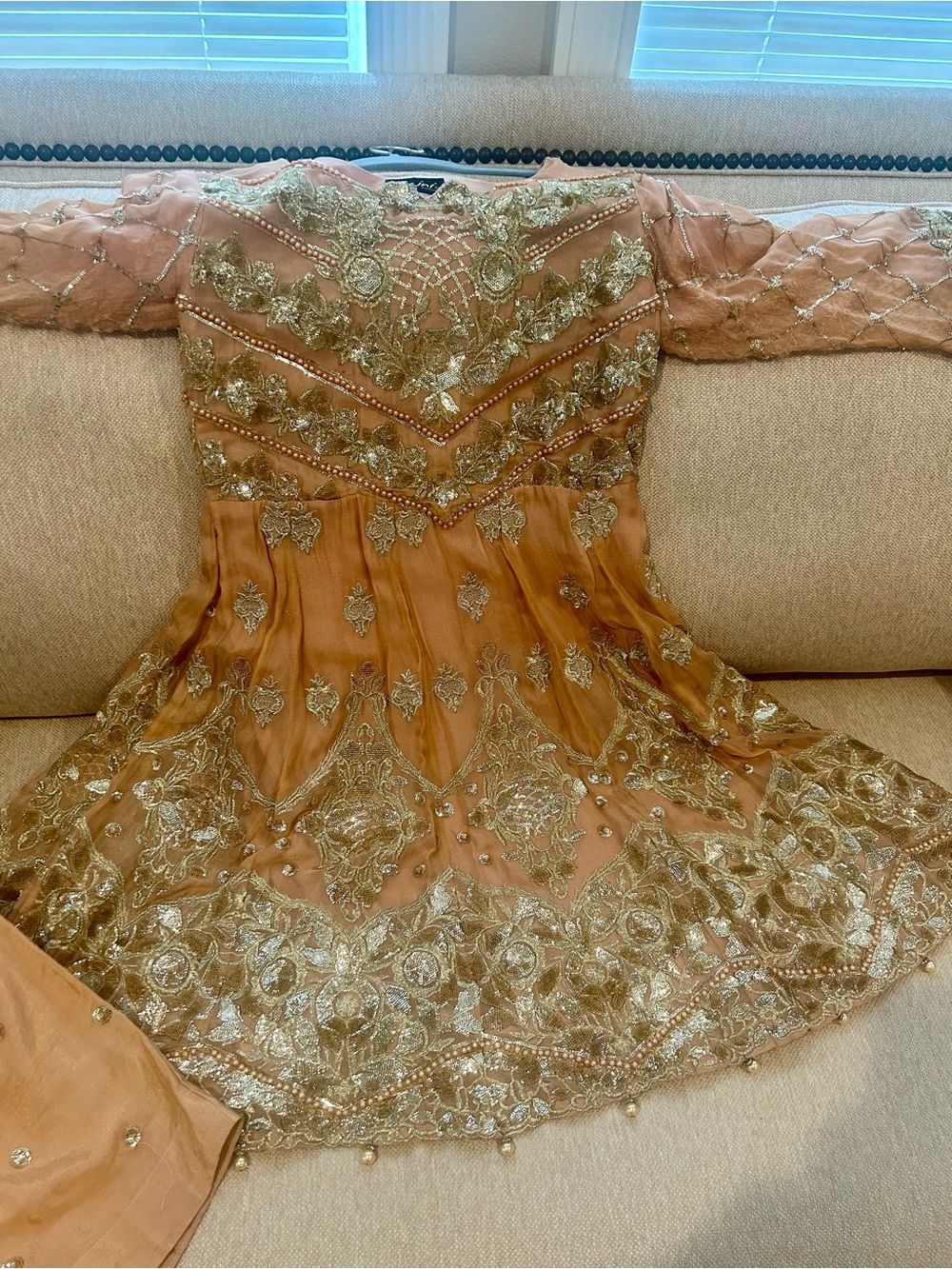 Peach Formal Embroidered Women's Dress with Gold Accents